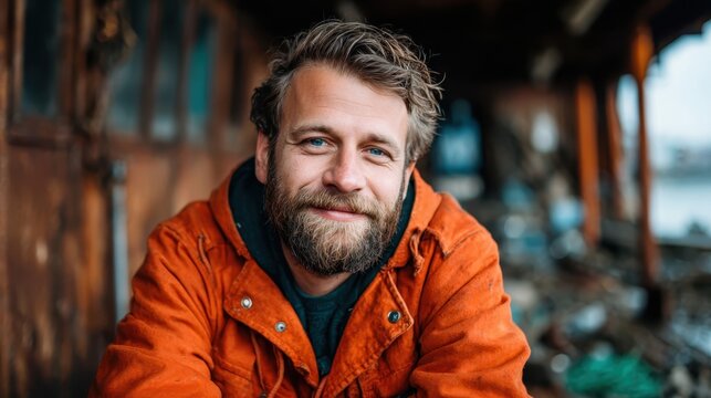 A bearded man in a vibrant orange jacket sits comfortably in a rustic, weathered setting, showcasing effortless style and a deep connection with nature and surroundings.