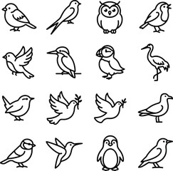 Obraz premium Collection of minimalist bird outline icons featuring diverse species including owl, dove, penguin, and hummingbird in clean modern vector art style