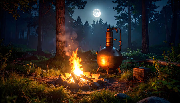 Secret clearing in a dark forest at night with a copper still bubbling over a small fire in gritty historical style generative AI