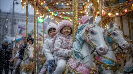 Fototapeta premium Children Riding Carousel Horses in Snowy Winter Fairground with Colorful Lights