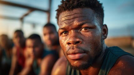 Fototapeta premium A focused athlete captures the intensity of training at sunset, showcasing determination and strength amidst a backdrop of fellow teammates engaged in their routines.