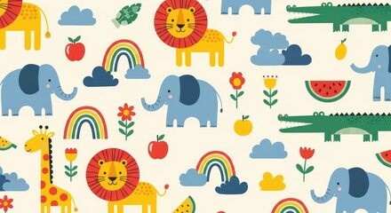 Naklejka premium Cute Seamless Pattern with Cartoon Safari Animals, Rainbows, and Fruits for Kids Nursery Decor and Textile Design