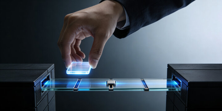 Human hand placing glowing access tile on glass data relay bridge between black infrastructure blocks with blue light and copy space