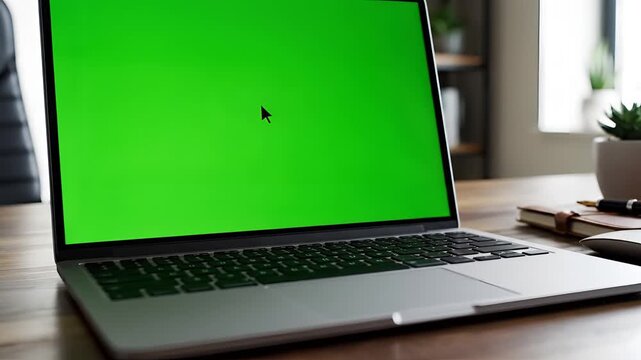 Modern Laptop with Green Screen on a Wooden Desk.