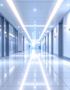 Modern bright office hallway with reflective floor and ceiling lights.