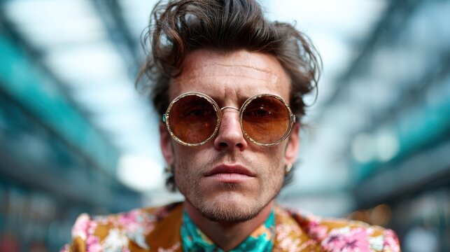 A confident man with stylish sunglasses poses in a vibrant floral suit, exuding charisma and sophistication in a modern urban setting.
