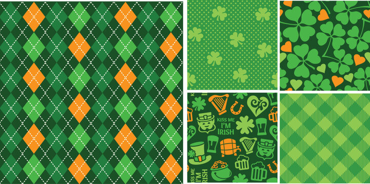 Saint Patricks Day Seamless Pattern Collection with Irish Clover and Argyle Designs
