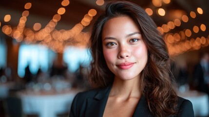 Obraz premium An elegant woman looking directly into the camera with a warm smile, set against a background of twinkling lights, embodies grace, confidence, and celebration in a festive atmosphere.