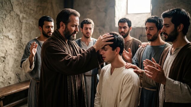 Apostle Paul laying hands on man to receive Holy Spirit in Ephesus. Biblical scene of baptism and spiritual blessing. Historical religious event from Acts of the Apostles in Bible.