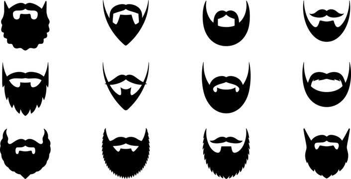 Vector set of various black beard and mustache silhouette icons for barbershop logos and hipster men grooming identity designs
