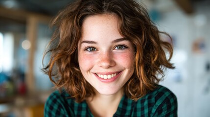 Obraz premium A joyful young girl with curly brown hair and freckles beams with happiness, capturing the essence of youth and innocence in a natural, relaxed setting.