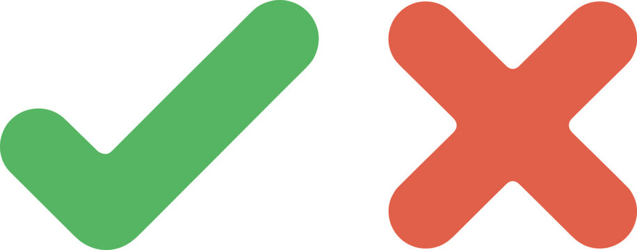 Green check mark and red cross vector icons representing true or false choices and right or wrong decision symbols