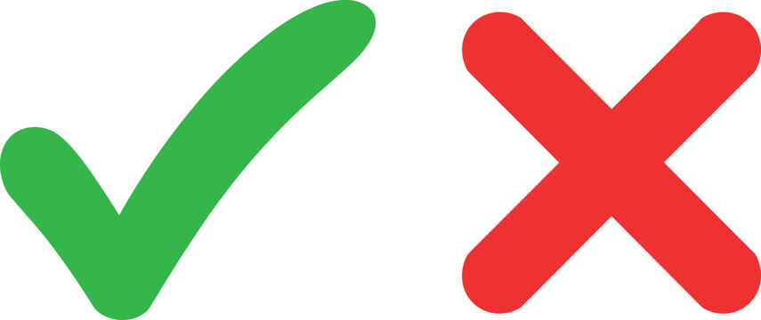 Green check mark and red cross vector icons representing true or false choices and right or wrong decision symbols