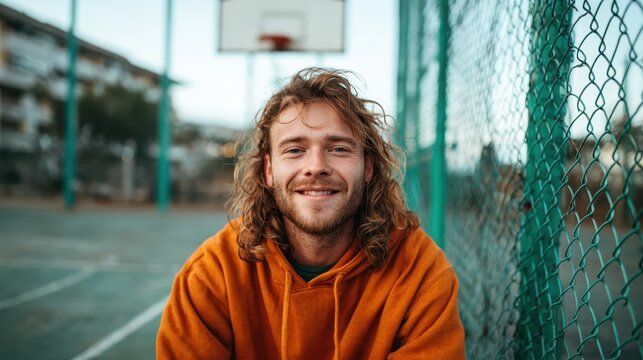 A joyful young man with curly hair smiles while seated on an empty basketball court, reflecting the spirit of leisure and friendship in sports settings.