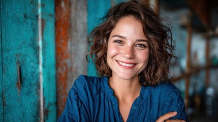 Fototapeta premium A joyful woman wearing a blue blouse smiles brightly against a rustic wooden backdrop, showcasing her exuberant personality and inviting warmth, creating a friendly atmosphere.