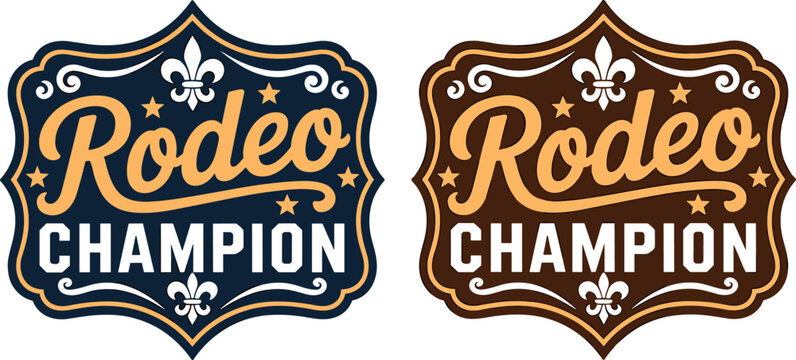 Vintage vector rodeo champion typography emblem featuring decorative western frame borders ornament and stars for cowboy theme branding designs