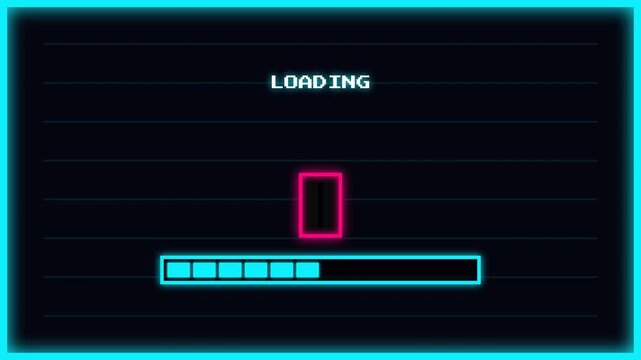Vibrant neon blue and pink retro 8-bit style digital loading screen with pixelated progress bar, indicating data transfer or game initiation on a futuristic dark background