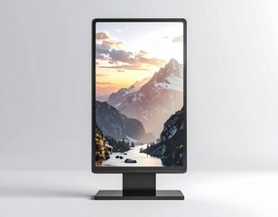 Fototapeta premium Modern digital display screen showcasing a stunning natural mountain landscape with a river at sunset