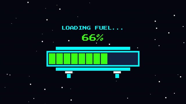 Retro 8 Bit Pixel Art Loading Screen for Fuel Progress Bar Against Starry Space Background, Ideal for Vintage Gaming Interfaces and Digital Technology Concepts