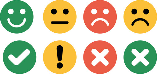 Customer satisfaction feedback emoticons and survey rating icons vector set featuring smiley faces and validation marks © Md
