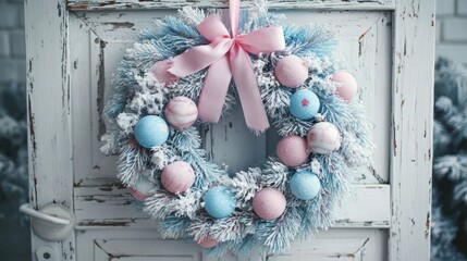 Obraz premium Festive Christmas Wreath with Pink and Blue Ornaments Hanging on Rustic White Door