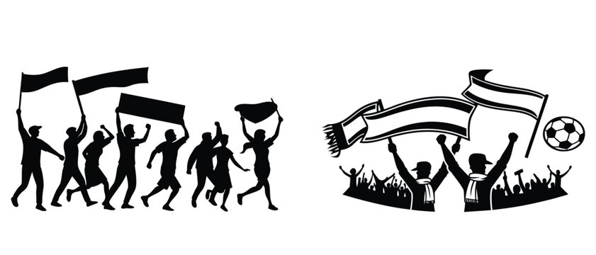 Soccer fans and protesters silhouette vector illustration holding banners and flags set.