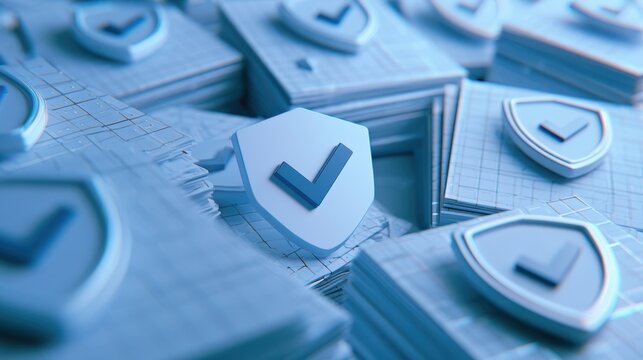 Medium shot of crisp fintechstyle 3D render showing compliance checkmarks in sharp detail surrounded by softly blurred shield icons and layered documents with subtle data grid