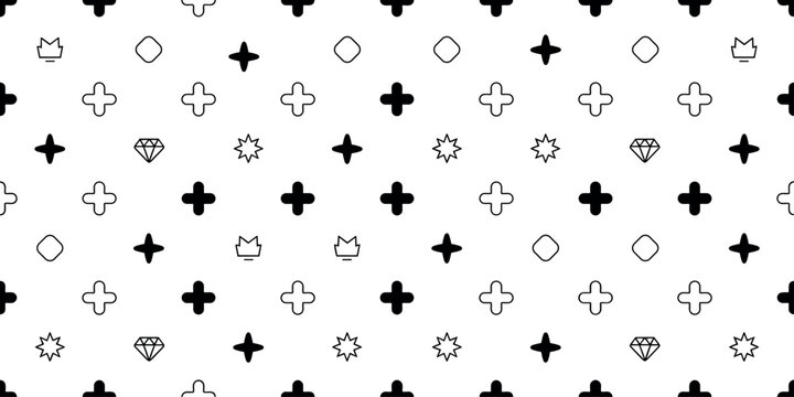 Seamless black and white vector geometric pattern featuring diamond star cross and crown outline icons for textile fabric wrapping background
