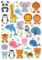 Fototapeta premium Cute Cartoon Animal Sticker Set with Panda Giraffe Elephant Lion Penguin Whale Zebra and More for Kids Illustration