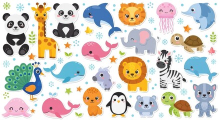 Naklejka premium Cute Cartoon Animal Sticker Set with Panda Giraffe Lion Elephant Whale and More for Kids Design