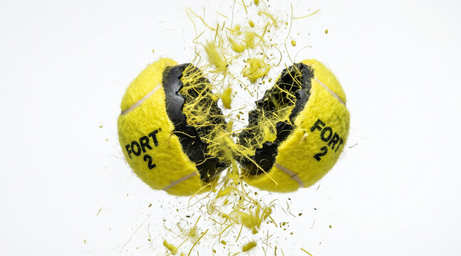 Tennis ball exploding in midair with yellow fuzz flying everywhere isolated on white background