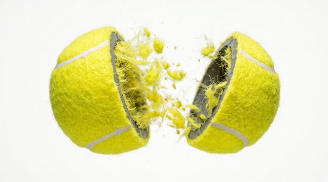 Tennis ball exploding in midair with fuzz flying everywhere isolated on white background