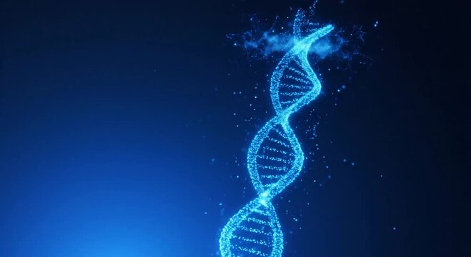 Glowing blue DNA double helix structure made of particles on dark background