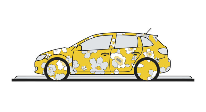 Yellow hatchback car with white flowers illustration