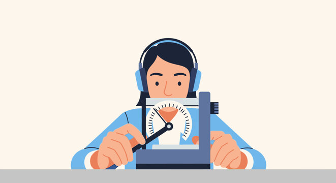 Woman wearing headset taking test on computer quiz