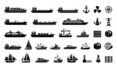 Ships and Boats Silhouette Icons Vector Collection for Logistics Design © Razu