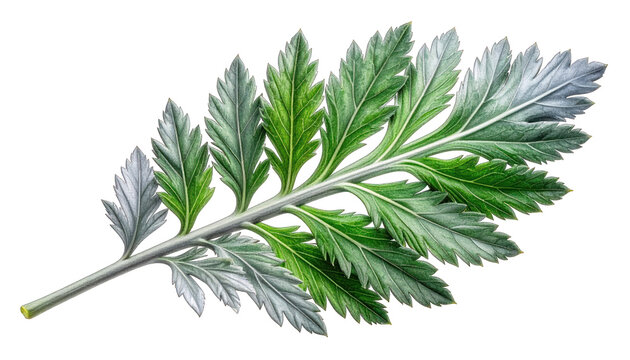 A detailed illustration of a vibrant green and silver fern leaf, showcasing intricate natural patterns and delicate foliage