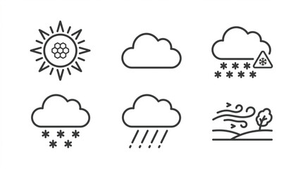 Fototapeta premium Professional weather forecast line icons for web interface including snow, rain, and wind