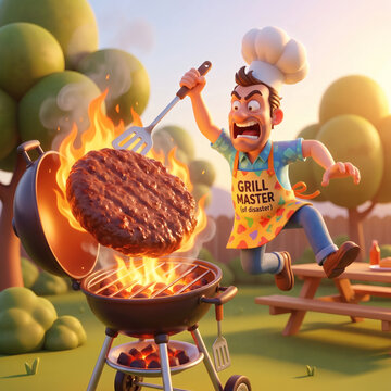 Funny Cartoon Chef Panicking Over Burning Burger on Backyard Grill