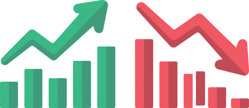 Green growing and red falling financial bar charts with up and down trend arrows symbolizing business stock market economy success loss inflation profit and recession