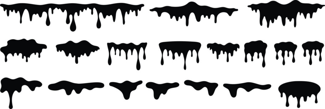 Black Liquid Drip Shapes Collection Vector Set Isolated on Gray Background