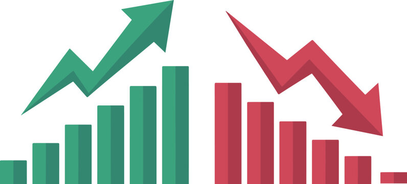 Green growing and red falling financial bar charts with up and down trend arrows symbolizing business stock market economy success loss inflation profit and recession