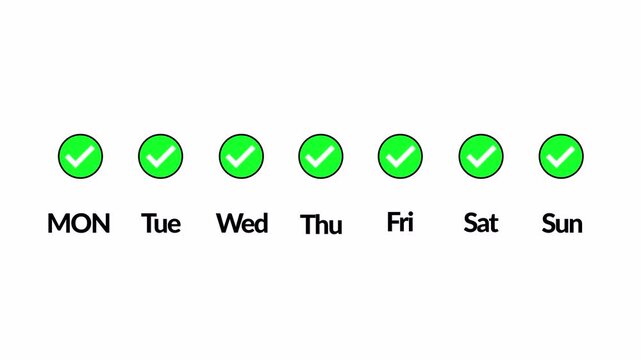  weekly habit tracker showing green check marks filling in for every day from Monday to Sunday in 4K animation weekly seven days animation with alpha channel on transparent background 
