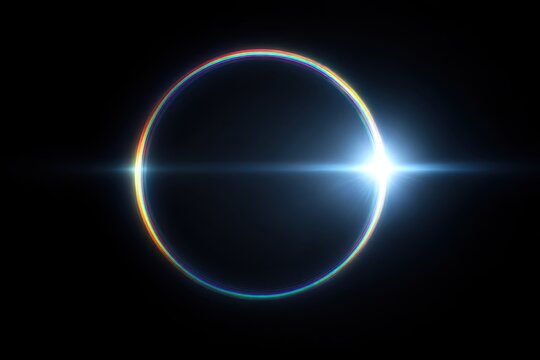 A striking solar eclipse featuring vibrant colors and beams of light.