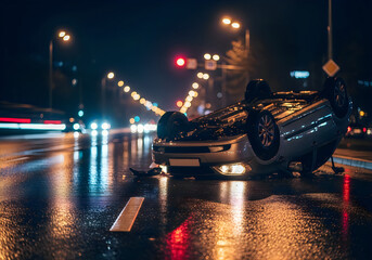 Overturned car wreck on a wet city street at night with blurry traffic lights in the background