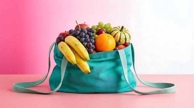 Fresh colorful fruits filled in a teal fabric shopping tote bag