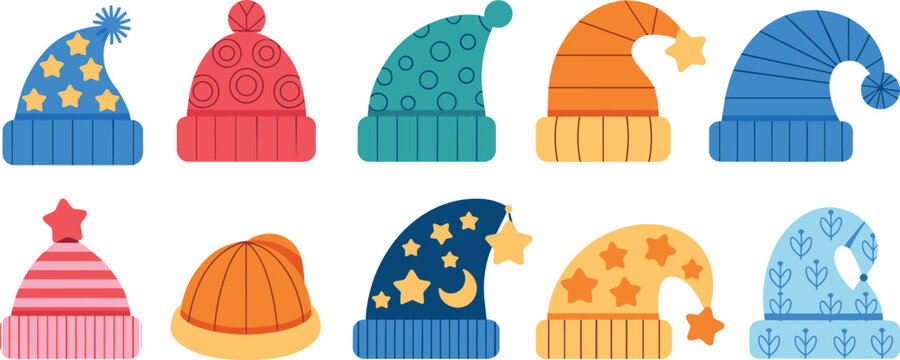 Vector winter beanie hat and sleeping cap icon collection featuring colorful knitted headwear with stars patterns and pom poms