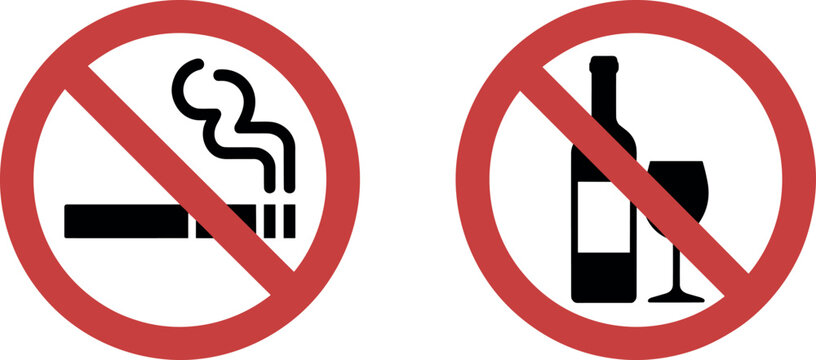 Vector prohibition sign set featuring red warning circles with no smoking cigarette and no alcohol bottle and wine glass icons