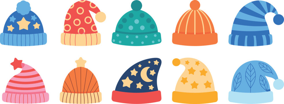 Vector winter beanie hat and sleeping cap icon collection featuring colorful knitted headwear with stars patterns and pom poms