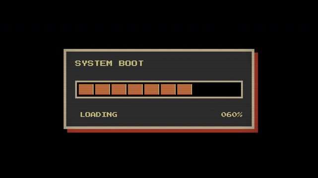Nostalgic 8-bit Pixelated System Boot Interface with Loading Progress Bar and Digital Percentage Indicator on a Dark Screen
